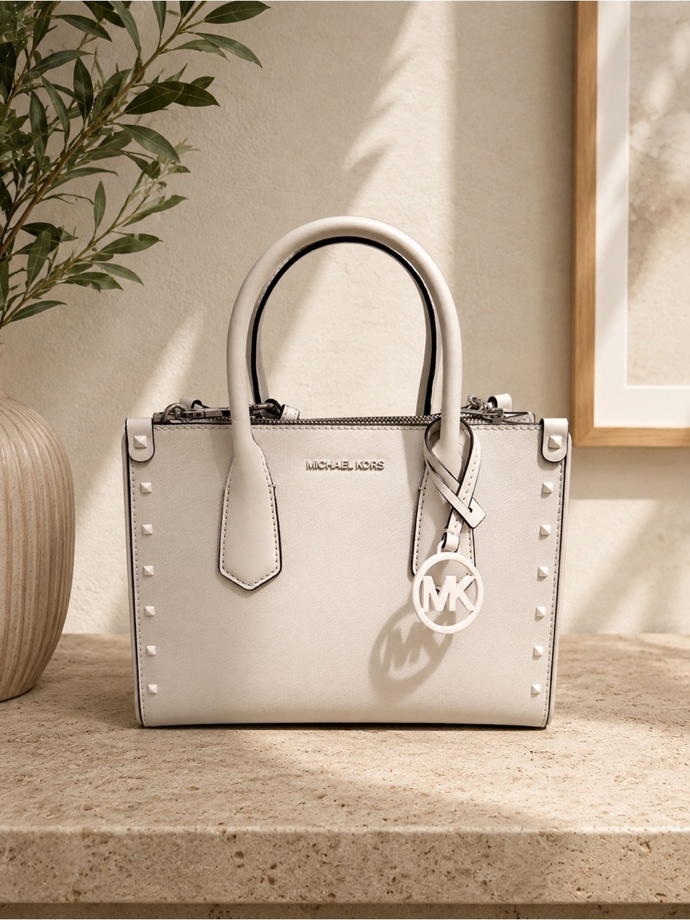 Michael Kors Cream Leather Studded Satchel with MK Charm